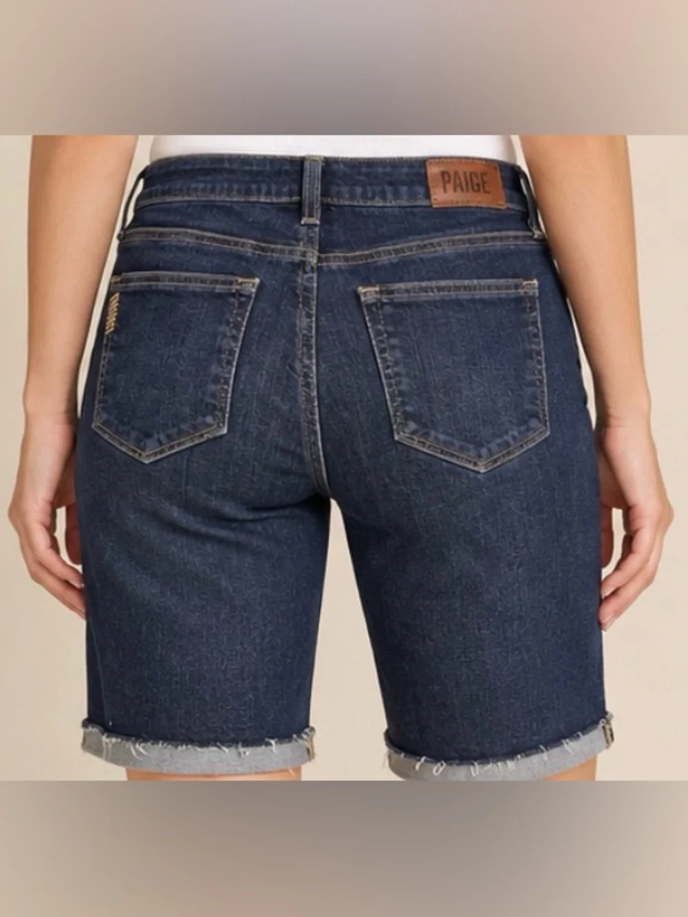 PAIGE Women’s Bermuda Denim Short Size 29 Dark Wash Stretch Cuffed Raw Hem Jorts